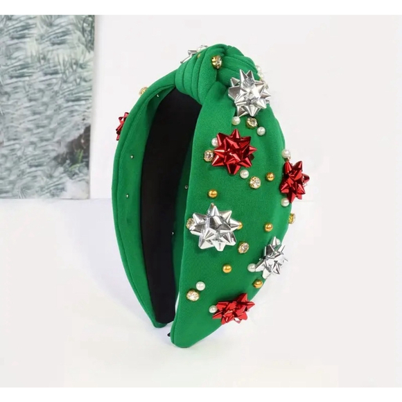 Boutique Accessories - Green Top Knot Headband With Faux Pearls and Christmas Gift Bow Embellishments